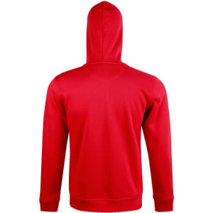 A red men's full zip contrast fleece hoodie featuring a hood and long sleeves. Includes a logo on the garment.