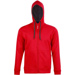 A red full zip contrast fleece hoodie with a hood and pocket details, featuring a logo.
