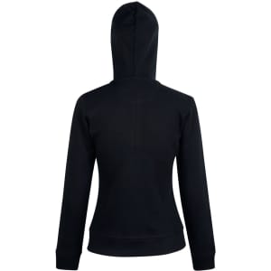 A black ladies' full zip contrast fleece hoodie with a hood and long sleeves, featuring a logo on the back.