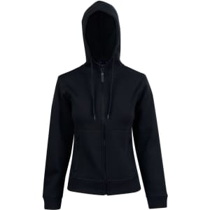 A black ladies' full zip contrast fleece hoodie with a hood and zippered pockets. It features a logo on the garment.
