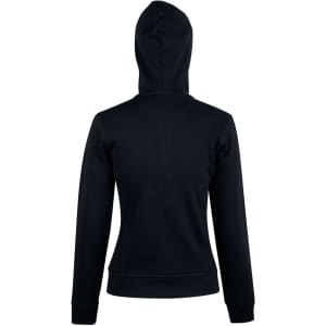 A black ladies' full zip contrast fleece hoodie with a hood and long sleeves, featuring a logo.