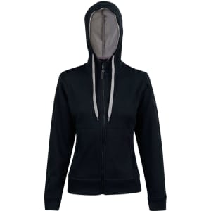 A black ladies' full zip contrast fleece hoodie with a hood and a front zipper. It features a logo on the garment.