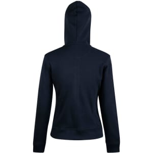 A navy ladies' full zip contrast fleece hoodie featuring a hood and long sleeves, with a logo on the back.