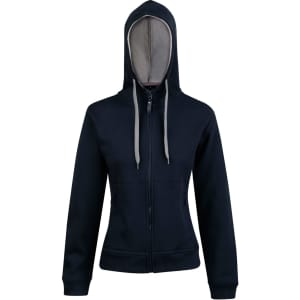 A navy full zip fleece hoodie with a contrasting grey interior and a hood, featuring zippered pockets and a logo.