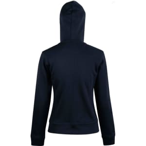 A navy full zip fleece hoodie with a fitted design and a hood, featuring a logo.