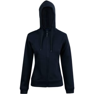 A full zip contrast fleece hoodie in black, featuring a hood and front pockets, with a logo on the design.