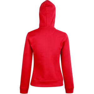 A red ladies' full zip fleece hoodie featuring a hood and long sleeves, with a logo present.