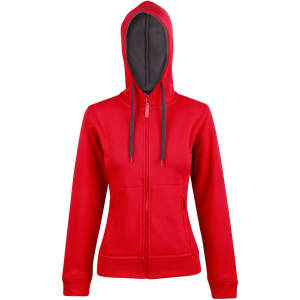 A red full zip fleece hoodie with a hood, featuring a contrasting inner lining and pockets.