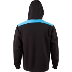 A black hoodie with a contrasting blue panel across the shoulders, featuring a hood and a logo.