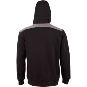 A black adult hoodie with a grey contrast across the shoulders and a hood. It features a logo on the garment.