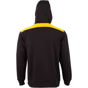 A black hoodie with a yellow contrast stripe across the shoulders and a kangaroo pocket. Features a hood and a logo.