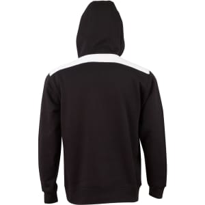 A black hoodie with a contrast white stripe across the shoulders and a kangaroo pocket. Features a logo on the front.