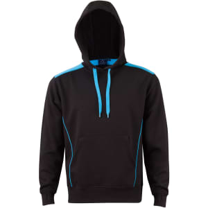 A black hoodie with contrast blue detailing, featuring a kangaroo pocket and a hood. It has a logo on the front.