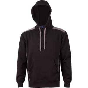 A black hoodie with a kangaroo pocket and grey contrast detailing, featuring a logo on the front.