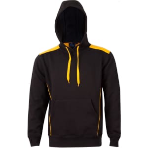 A black hoodie with yellow contrast panels and a kangaroo pocket, featuring a logo on the front.