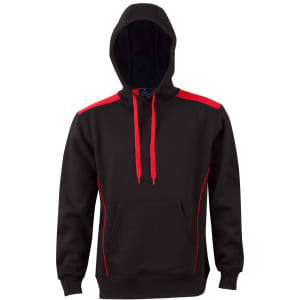 A black hoodie with contrasting red accents and a kangaroo pocket, featuring a logo on the chest.