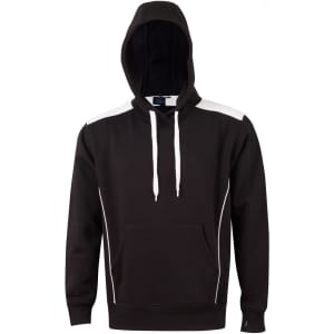 A black hoodie with contrast white detailing and a kangaroo pocket, featuring a hood and drawstrings.