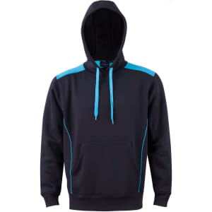 A navy hoodie with teal contrast accents and a kangaroo pocket, featuring a hood and a branding logo.
