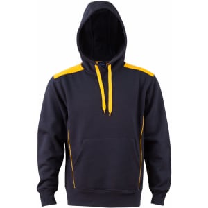 A navy hoodie with yellow contrast detailing and a front kangaroo pocket, featuring a hood and drawstrings.