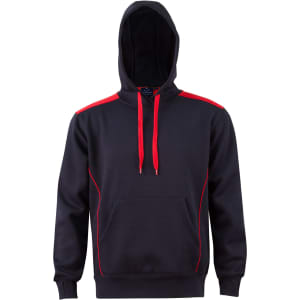 A black hoodie with red accents and a kangaroo pocket, featuring a hood and drawstrings. Includes a logo.