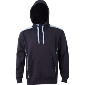 A black hoodie with a contrasting light blue design, featuring a kangaroo pocket and a hood. It has a logo.