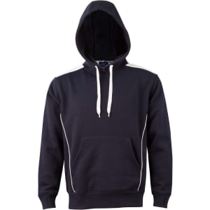 A navy blue hoodie featuring a kangaroo pocket, contrasting white details, and a hood. It has a logo on the front.