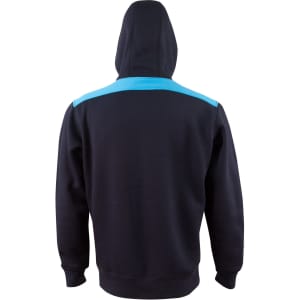 A black hoodie featuring a contrast blue stripe across the shoulder and a kangaroo pocket. Includes a hood and a logo.