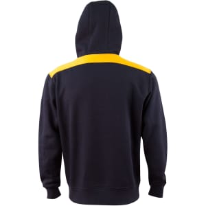 A navy hoodie with a yellow contrast stripe across the shoulders and a kangaroo pocket. It features a hood and branding.