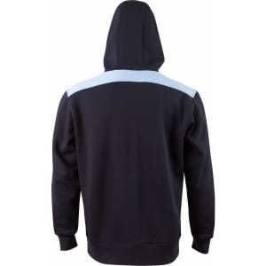 A navy hoodie featuring a light blue contrast stripe across the shoulders and a hood. It has a logo on the back.