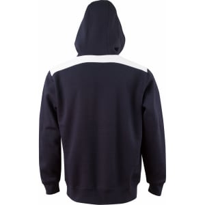 A navy blue hoodie with a white contrast panel on the shoulders and a kangaroo pocket at the front.