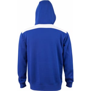 A blue kids' hoodie featuring a white contrast panel across the shoulders and a kangaroo pocket. It has a hood and a logo.