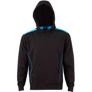 A black hoodie with a contrast blue lining, featuring a kangaroo pocket and a hood. It has branding on it.