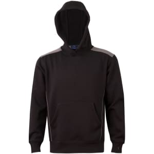 A black hoodie featuring a kangaroo pocket and contrast detailing, complete with a hood and a logo.
