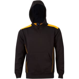 A black hoodie with a kangaroo pocket and contrast yellow stripes on the shoulders. Features a hood and has a logo.