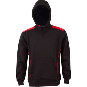 A black hoodie with a contrasting red design, featuring a kangaroo pocket and a hood. It has a logo on it.