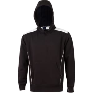 A black hoodie featuring white contrast details and a kangaroo pocket. It has a hood and includes a logo.