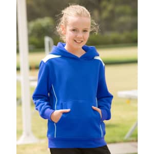 A girl wearing a blue hoodie with white contrast features a kangaroo pocket and drawstrings.