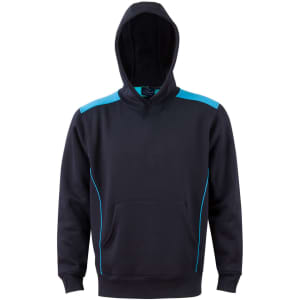 A black hoodie featuring contrast turquoise detailing and a kangaroo pocket, designed for kids.