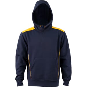 A navy blue hoodie with a contrasting yellow design and a front kangaroo pocket, featuring a hood and a logo.