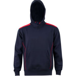 A navy hoodie with a red contrast design and a kangaroo pocket. It features a hood and has a branded logo.