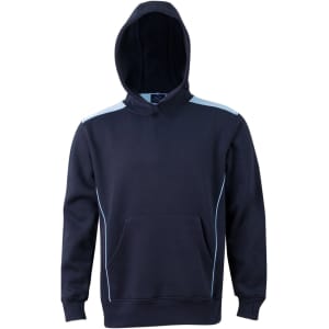 A navy hoodie featuring a kangaroo pocket, contrast detailing, and a hood. Includes a logo on the front.