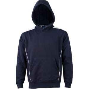 A navy hoodie featuring a kangaroo pocket and contrast detailing. It has a hood and an understated design with a logo.
