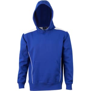 A blue hoodie with a contrast white shoulder design and a kangaroo pocket. It features a hood and a logo.