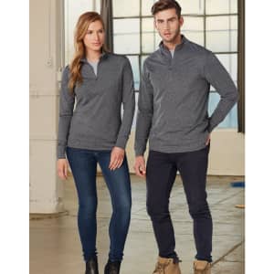 A men's and women's half zip long sleeve sweat top in grey, featuring a subtle texture and a logo.