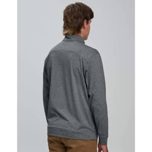 A men's half zip long sleeve sweatshirt in grey, featuring a simple design and a logo on the back.