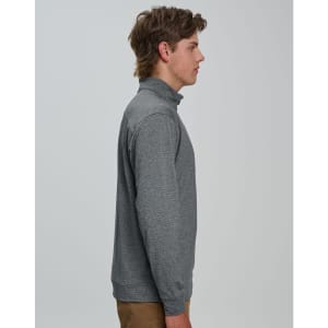 A men's half zip long sleeve sweat top in grey, featuring long sleeves and a high collar, with a logo.