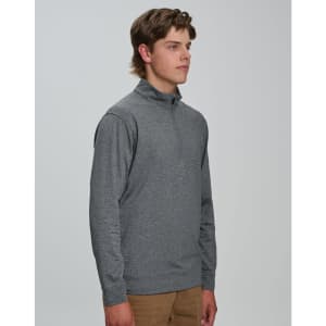 A grey men's half zip long sleeve sweat top, featuring a stand-up collar and long sleeves. There is a logo on the garment.