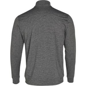 A grey men's half zip long sleeve sweat top, featuring a sleek design and a logo on the back.