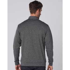 A dark grey men's half zip long-sleeve sweat top with a simple design and branding on the back.