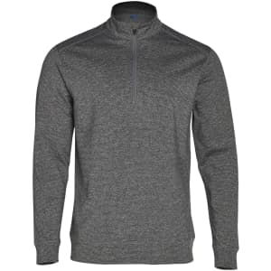 A grey, men's half zip long sleeve sweat top with a branded logo and a textured finish.